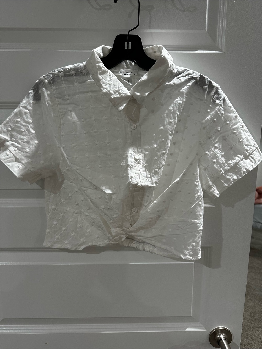 Kerious, 100% Cotton White Textured Dot Button-down, Collared Top, Large